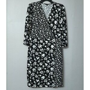Talbots Womens Faux Wrap Dress Black White Mixed Floral V-Neck 3/4 Sleeve L